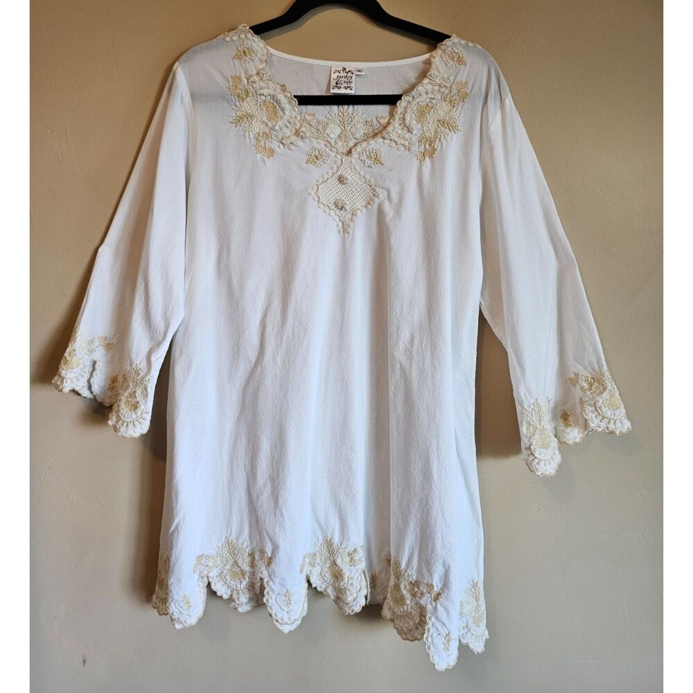 Parsley & Sage White embroidered boho t 3/4 Sleeve Cotton Tunic Top Blouse XL